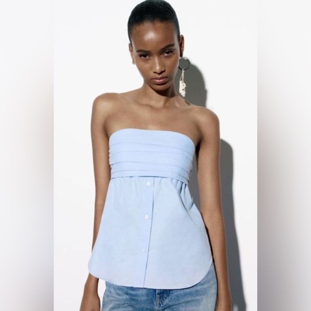 Zara Strapless Button Front Top Blue Cotton Pleated Old Money Women's Size XS